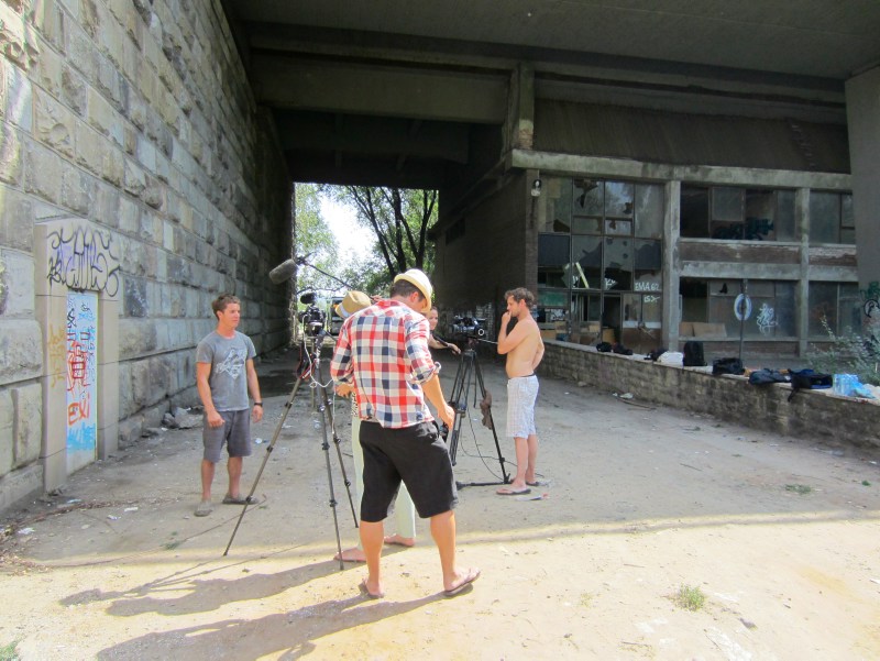 People getting interviewed under a bridge in Belgrade