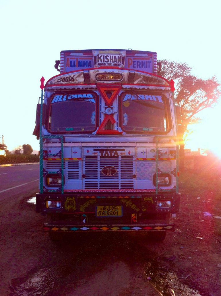 Renting an Enfield in India: Truck at the side of the road