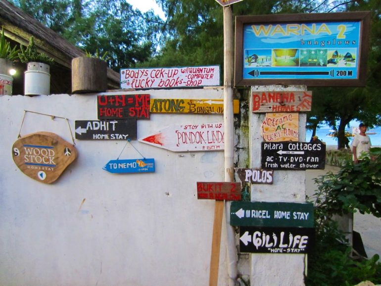 Budget travel: Hotel signs on Gili Trawangan