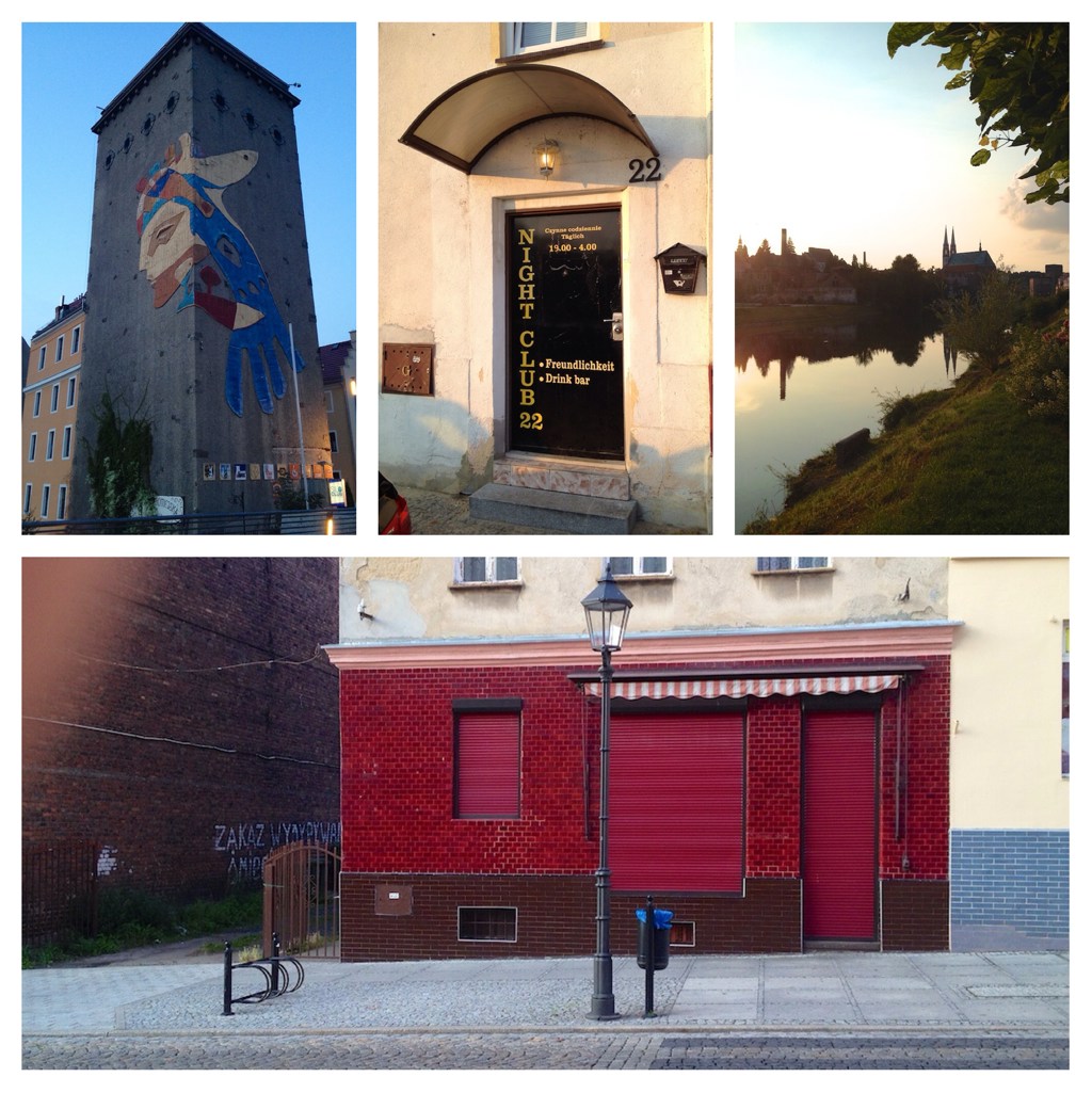 Eindrücke aus Polen: Ein großes Kunstwerk an der Neisse; einer von mehreren 'Nightclubs'; die Neisse mit Sonneuntergang; architektonische Überraschungen