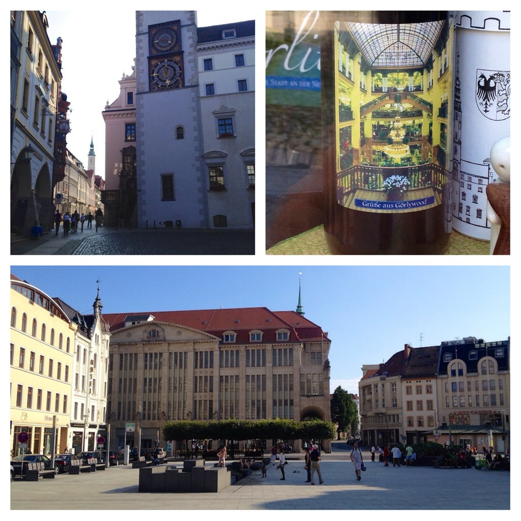The Grand Budapest Hotel: Fast ausschließlich in Görlitz gedreht, wie etwa am Obermarkt (l.o.). Die Innenszenen entstanden im bis vor kurzem leerstehenden Kaufhaus (u.); in einem Schaufenster sieht man auf einer Flasche, wie es inne aussah (o.r:)