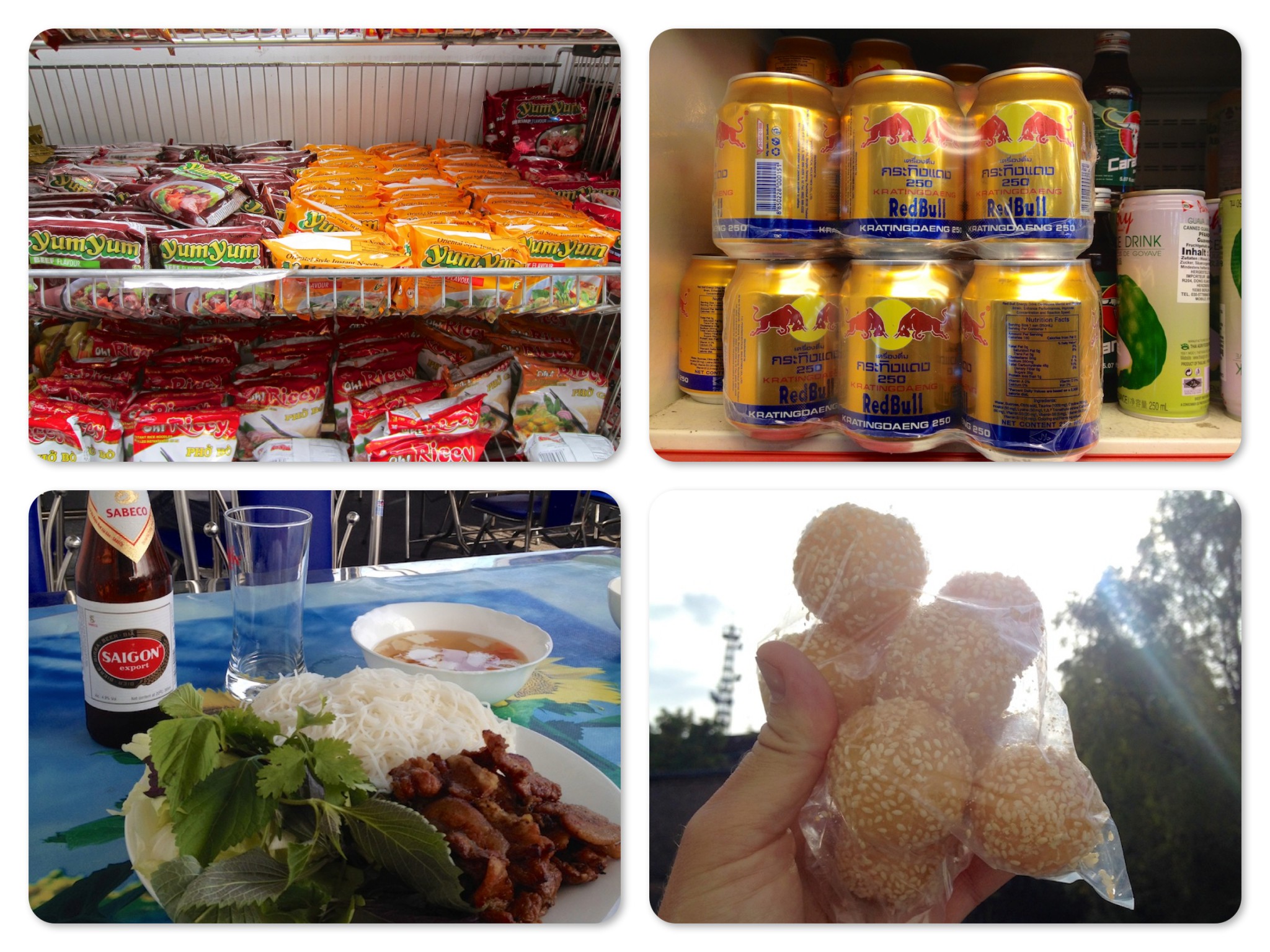 Im Uhrzeigersinn: Ein regal voller Ramen-Suppen; der echte Thai Red Bull; süße Bällchen; Bun Cha mit Saigon
