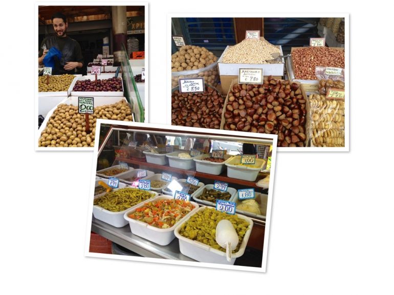 Verkäufer und Produkte auf dem zentralen Markt in Athen
