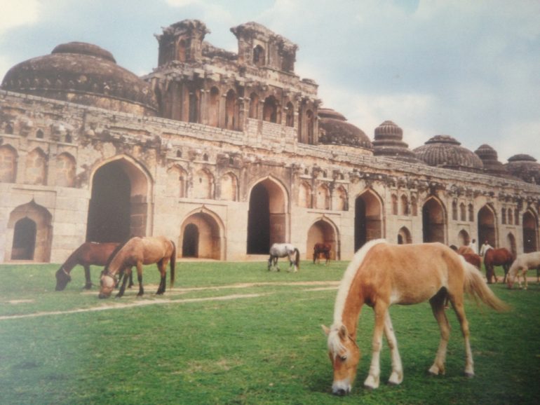 Pferde vor altem Gebäude in Hampi