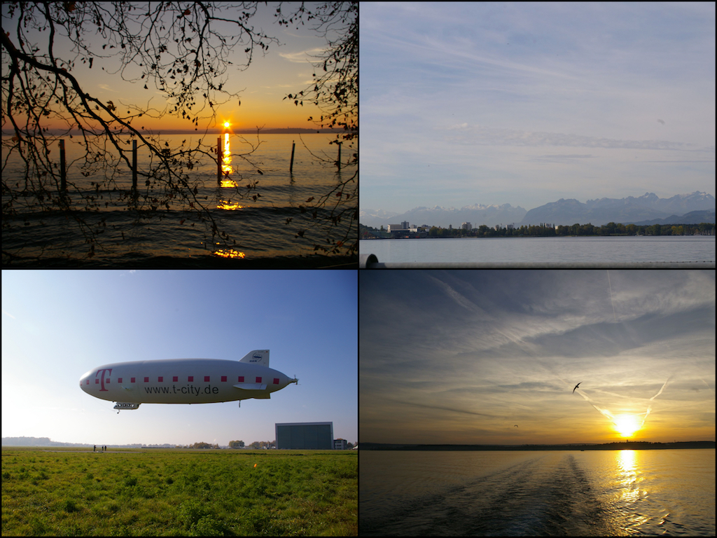 Schön, egal von welchem Land aus gesehen: Der Bodensee. Links unten einer der Zeppeline, mit denen man einen Rundflug machen kann.
