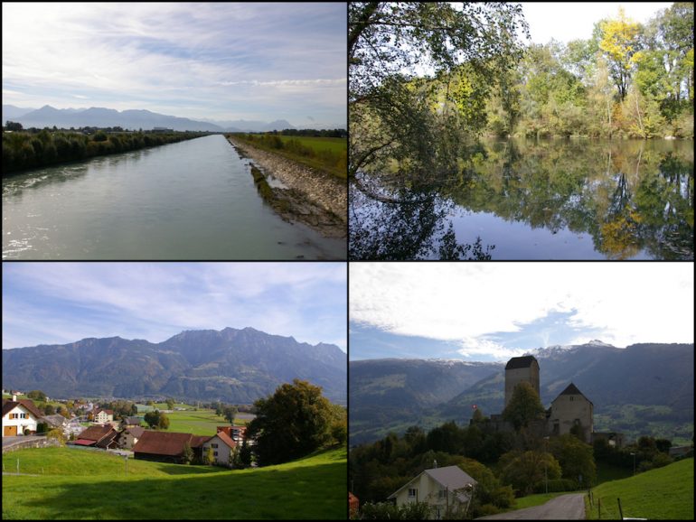 Neuer Rhein bei Bregenz, Rheinauen bei Hohenems, Liechtenstein, Schloss Sargans