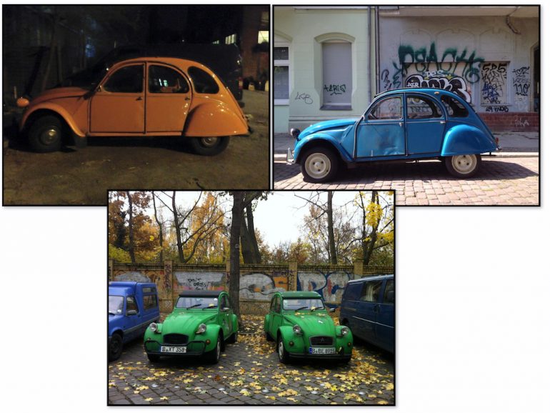 Oldtimer Berlin: Citroen 2CV in unterschiedlichen Farben
