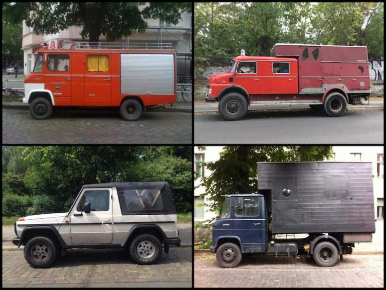 Oldtimer Berlin: Mercedes G und LKW in verschiedenen Farben