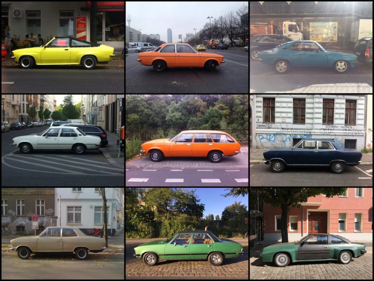 Oldtimer in Berlin: Opel-Modelle in verschiedenen Farben.