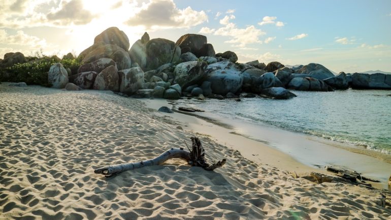 Britische Jungferninseln: Holzstück am Strand bei The Baths, Virgin Gorda