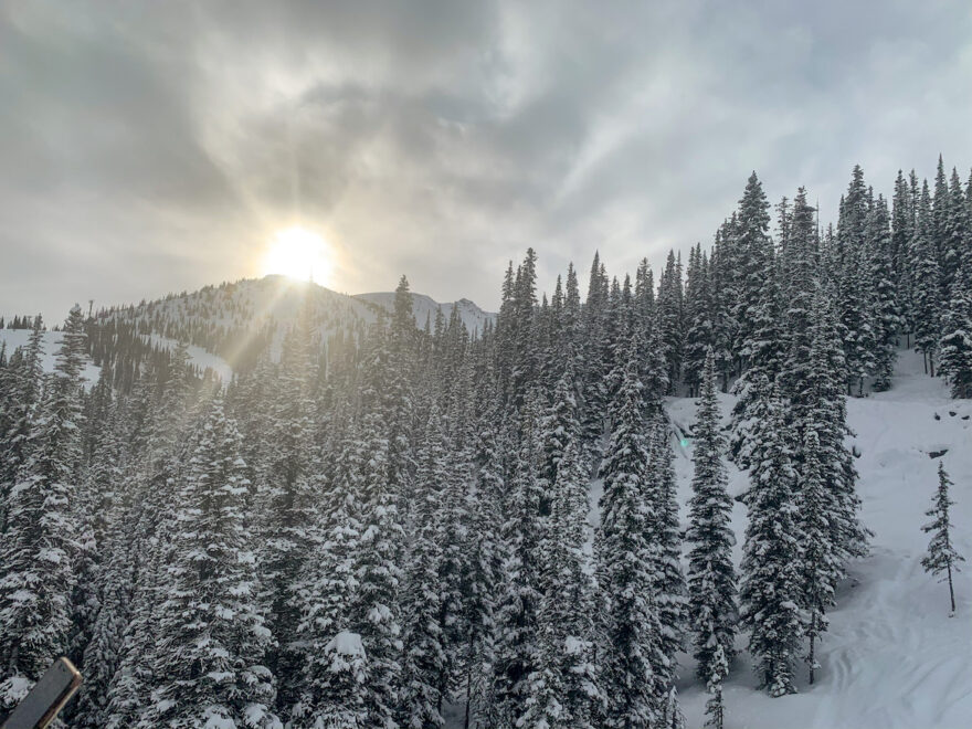 Alberta Highlights: Sonnenuntergang über verschneitem Wald.